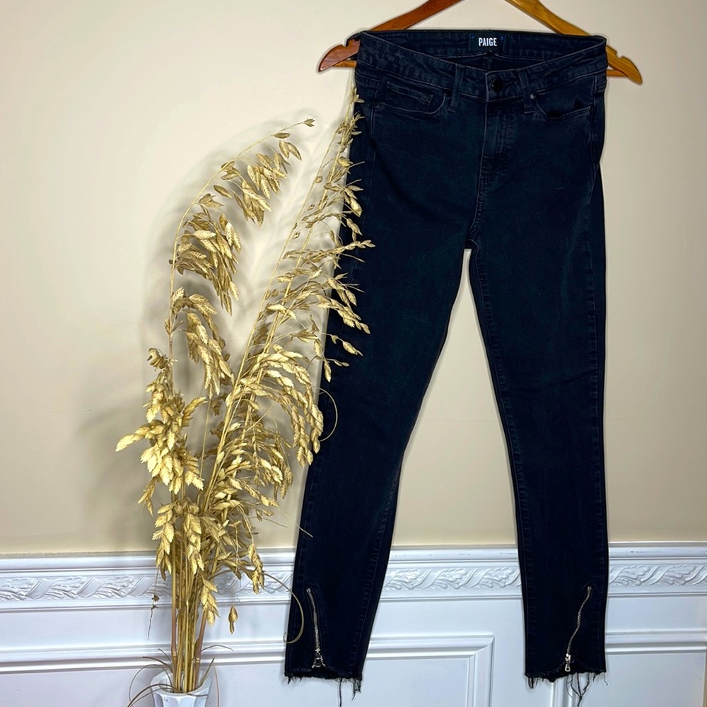 Paige Hoxton Ankle Peg High Rise Jeans with Zipper Raw Hem